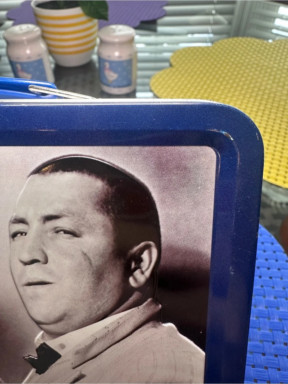 Vintage-style Blue Metal Lunchbox with Classic Comedy Artwork